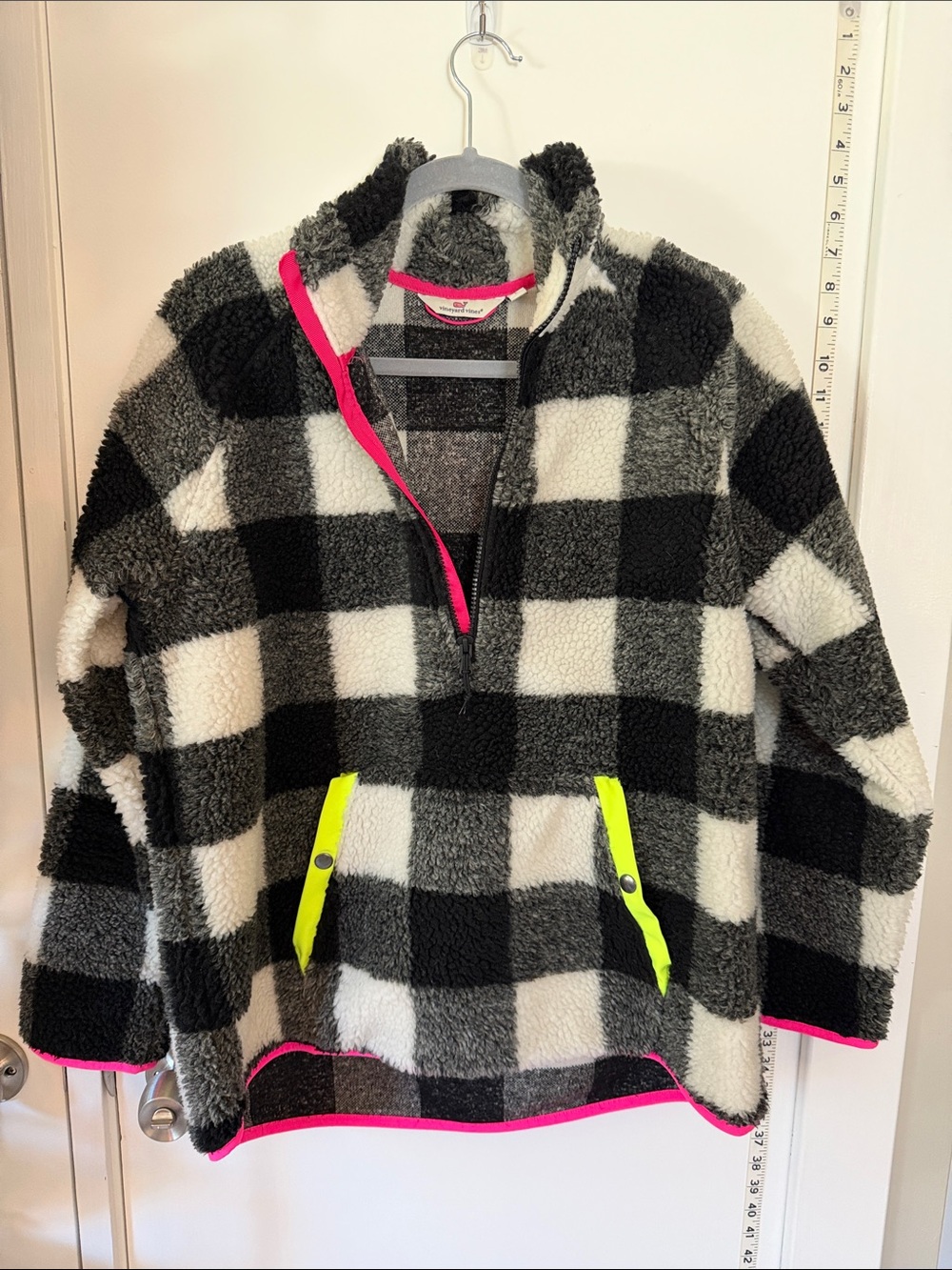 Vineyard Vines Black & White Buffalo Plaid Sherpa Pullover with Neon Trim